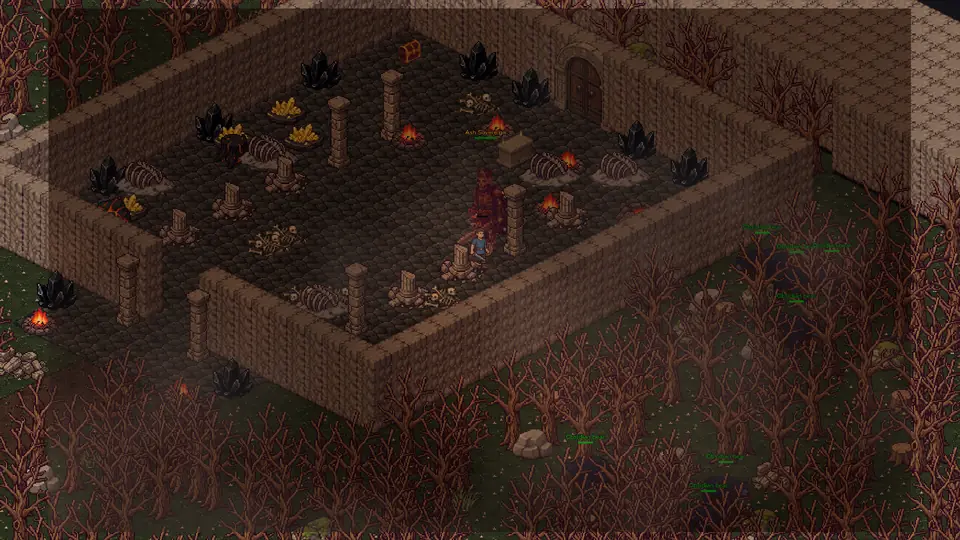 Ashfall: a walled lair of obsidian shards, bones and braziers in a dead forest, with the Ash Sovereign standing in it.