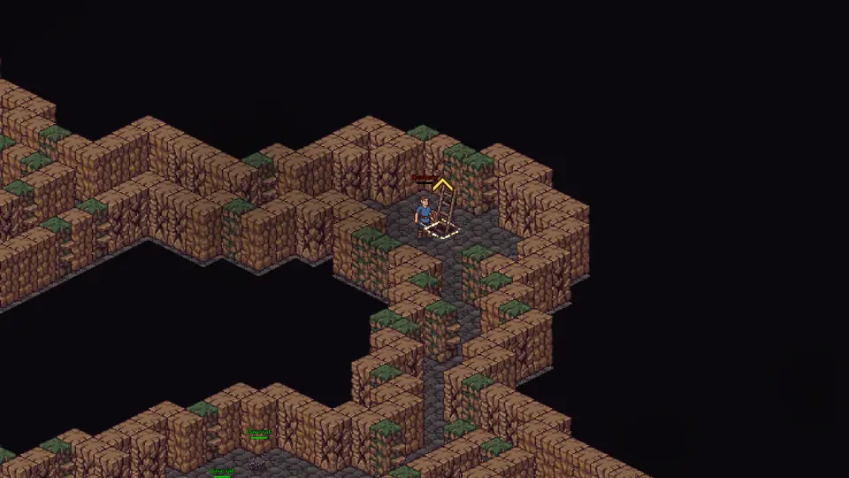 The bottom of a ladder inside a cave: stone tunnels and dead ends, with a cave rat hunting nearby.