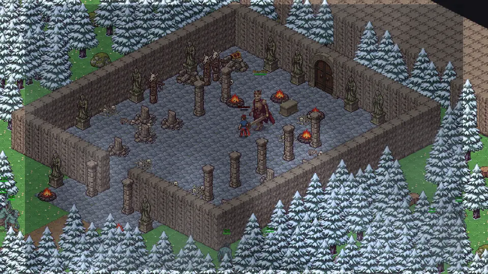 The Bone King stands in a walled lair of statues, braziers and bones, surrounded by snow.