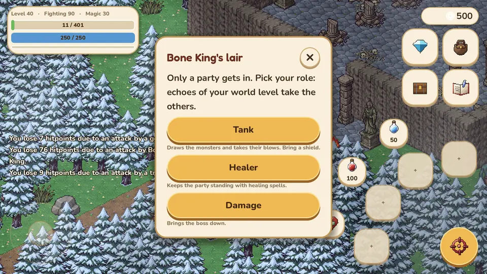 The boss lair door, with the party prompt: pick tank, healer or damage.