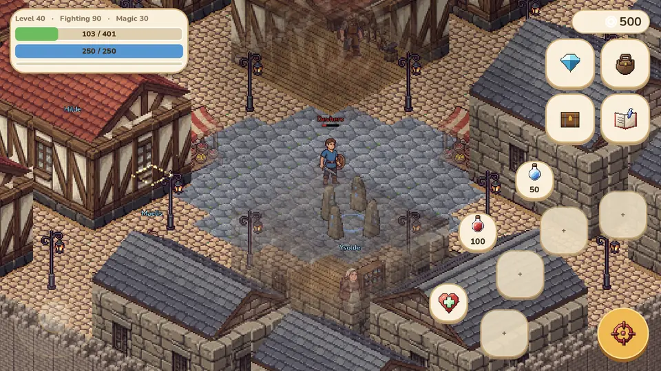The game on a phone: a joystick in the bottom-left corner, four skill buttons, target, heal, potion and trinket on the right.