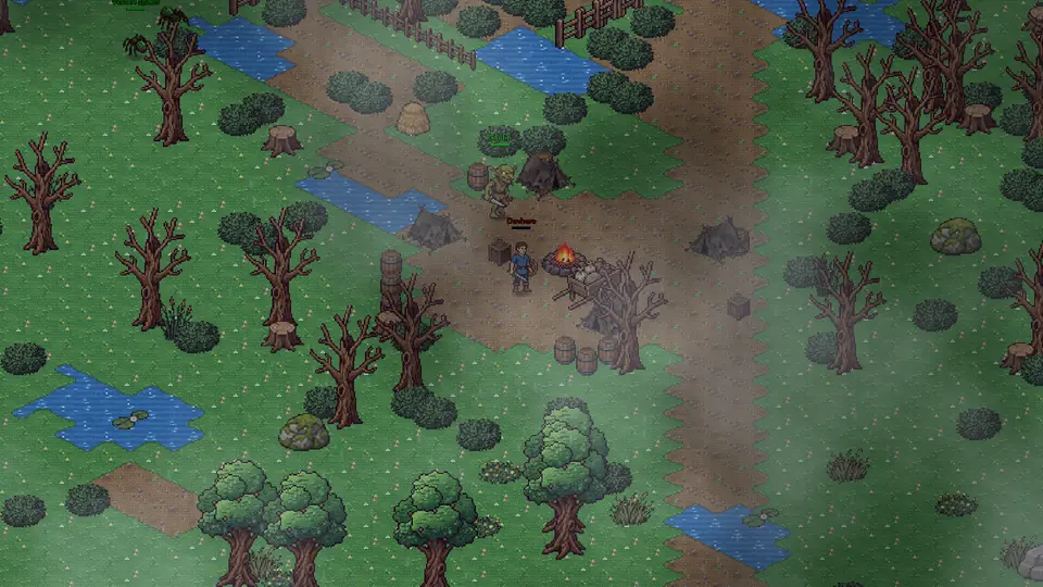 A goblin camp in the woods: tents, barrels, a campfire and one goblin facing the hero.